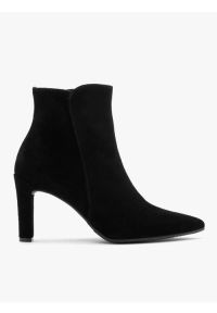 Ryłko - Czarne botki damskie na grubej szpilce. Kolor: czarny. Materiał: skóra, welur. Obcas: na obcasie. Styl: street. Wysokość obcasa: średni #1