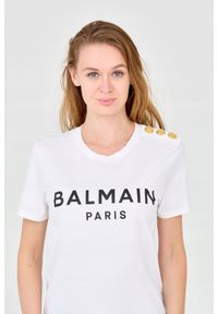 Balmain - BALMAIN Biały damski t-shirt z guzikami. Kolor: biały. Materiał: bawełna #4