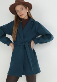 Born2be - Niebieski Płaszcz z Wiązanym Paskiem i Bufiastym Rękawem Imgrucu. Typ kołnierza: kołnierzyk stójkowy. Kolor: niebieski. Materiał: tkanina, jeans. Długość: długie. Sezon: wiosna, jesień #1