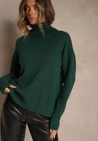 Renee - Zielony Golf z Dodatkiem Kaszmiru z Przeszyciami po Bokach Avenella. Okazja: na spotkanie biznesowe. Typ kołnierza: golf. Kolor: zielony. Materiał: kaszmir. Styl: elegancki, biznesowy, klasyczny
