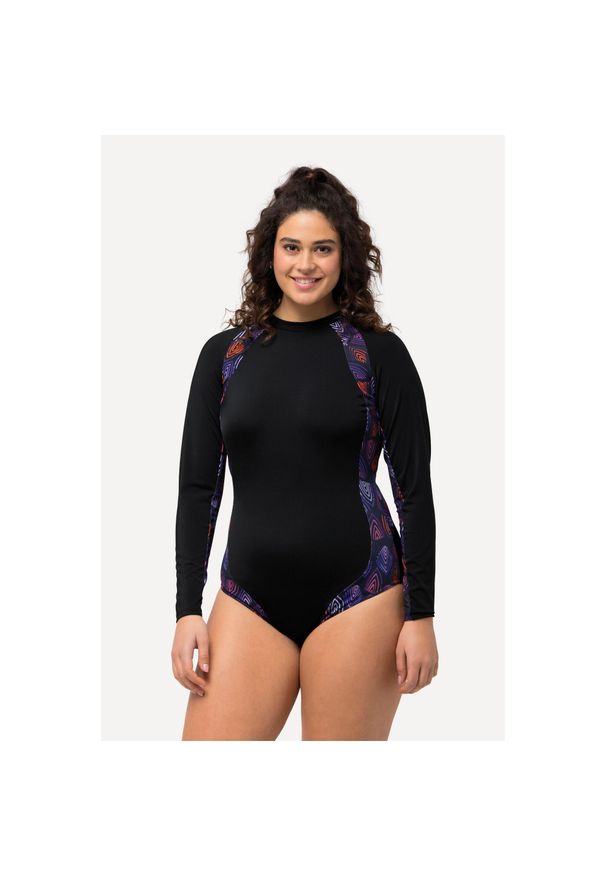 ULLA POPKEN - Damski Kostium kąpielowy UPF 50+ bez miękkich miseczek długi rękaw stójka. Kolekcja: plus size. Kolor: czarny. Materiał: poliamid, poliester, materiał, elastan. Długość: długie