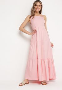 Born2be - Różowa Rozkloszowana Sukienka na Ramiączkach Zawiązywana z Tyłu z Elastyczną Gumką w Talii Grililena. Kolor: różowy. Długość rękawa: na ramiączkach #4