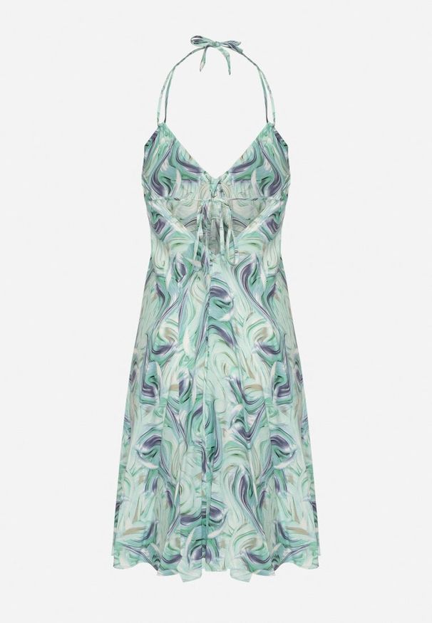 Born2be - Zielona Bawełniana Sukienka na Ramiączkach Wiązana na Szyi i Plecach ze Ściągaczem Vikllie. Typ kołnierza: dekolt na plecach. Kolor: zielony. Materiał: bawełna. Długość rękawa: na ramiączkach