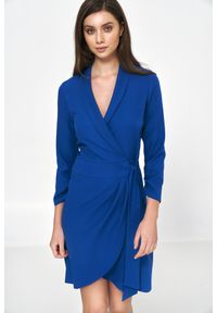 Nife - Kopertowa Sukienka z Wiązaniem - Chabrowa. Kolor: niebieski. Materiał: elastan, poliester. Typ sukienki: kopertowe
