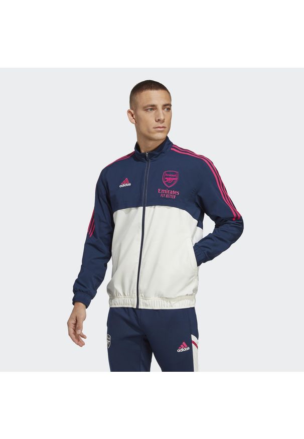 Kurtka do piłki nożnej męska Adidas Arsenal Presentation Condivo 2022/23. Kolor: biały, niebieski, wielokolorowy. Materiał: dresówka