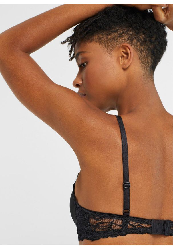 bonprix - Biustonosz z usztywnianymi miseczkami z poliamidu z recyklingu. Kolor: czarny. Materiał: satyna, poliamid, koronka. Wzór: aplikacja, paski, koronka
