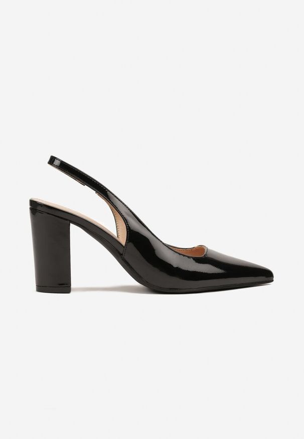 Renee - Czarne Sandały Lakierowane na Słupku Slingback Halasela. Okazja: na co dzień, na imprezę. Kolor: czarny. Materiał: lakier. Obcas: na słupku. Styl: wizytowy, elegancki, casual