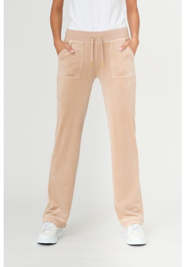 Juicy Couture - JUICY COUTURE Beżowe damskie spodnie Del Ray, Rozmiar S. Kolor: beżowy. Materiał: welur, poliester. Wzór: haft
