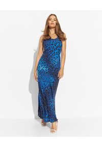 LUXE FASHION - Niebieska jedwabna sukienka w panterę. Kolor: niebieski. Materiał: jedwab. Długość rękawa: na ramiączkach. Wzór: motyw zwierzęcy. Długość: maxi #1
