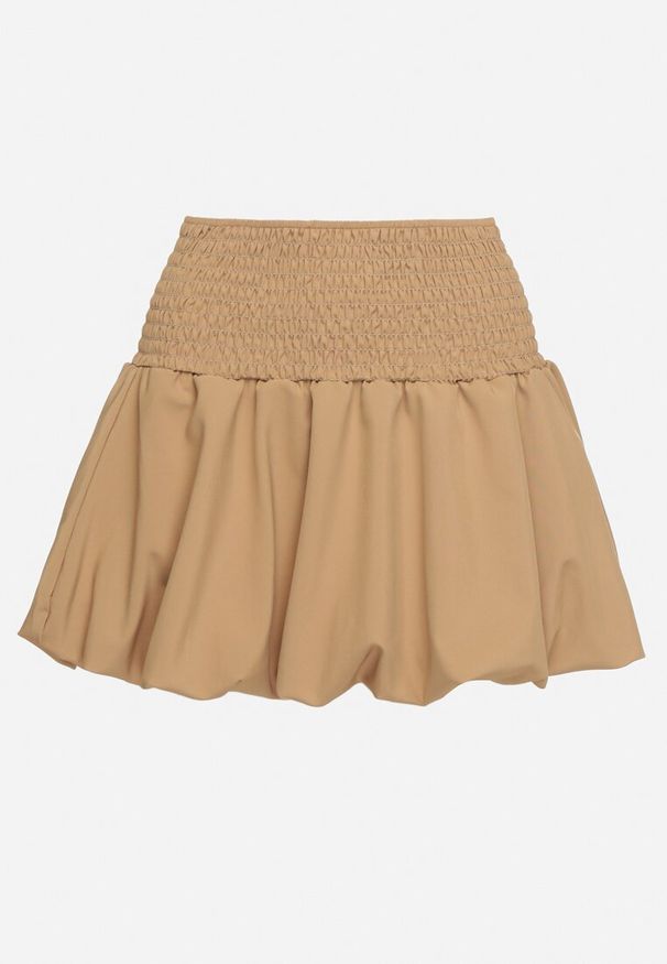 Born2be - Ciemnobeżowa Rozkloszowana Spódnica Bufiasta z Elastyczną Gumką w Pasie Hetilda. Okazja: na co dzień, na spotkanie biznesowe. Stan: podwyższony. Kolor: beżowy. Styl: casual, biznesowy, elegancki