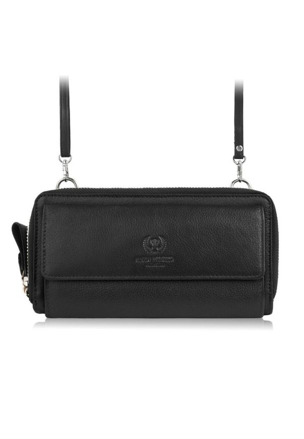 PAOLO PERUZZI - Skórzana kopertówka damska do ręki na ramię portfel damski Paolo Peruzzi T-137-BL. Kolor: czarny. Materiał: skóra