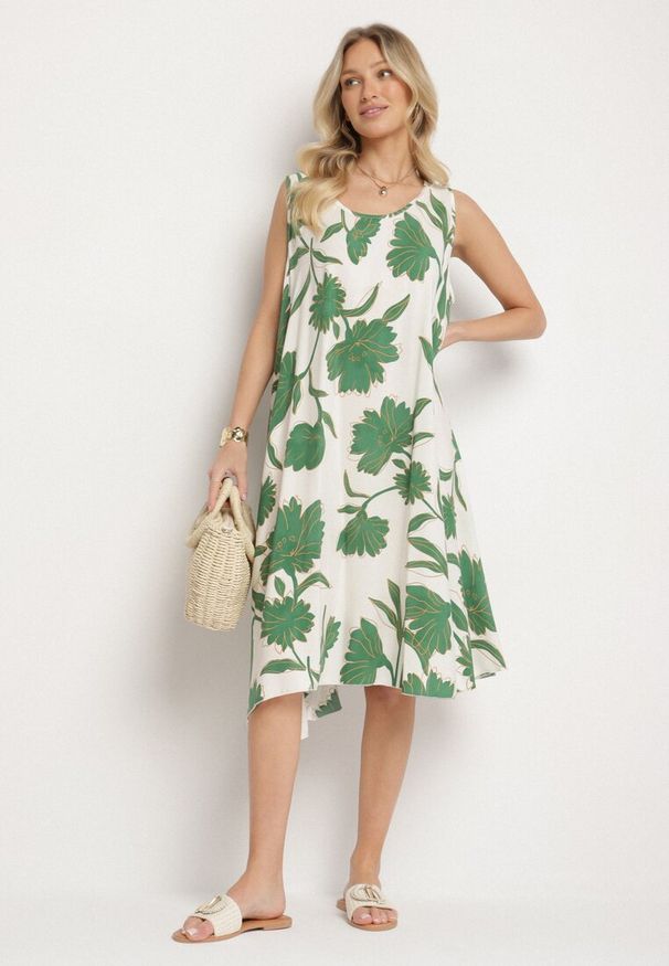 Born2be - Zielona Sukienka z Wiskozy z Wzorem w Kwiaty Bez Rękawów Orrulene. Okazja: na co dzień. Kolor: zielony. Materiał: wiskoza. Długość rękawa: bez rękawów. Wzór: kwiaty. Sezon: wiosna, lato. Styl: casual, klasyczny