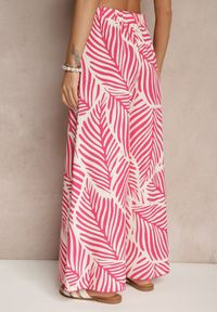 Renee - Różowo-Beżowe Spodnie o Szerokim Kroju High Waist w Liście Tenoralia. Stan: podwyższony. Kolor: różowy. Styl: elegancki #5