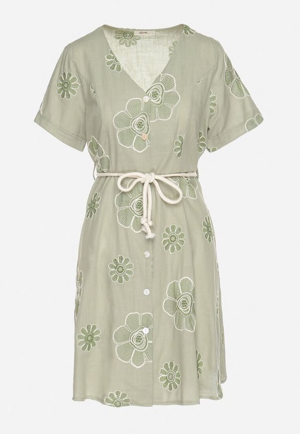 Born2be - Jasnozielona Sukienka w Stylu Boho w Haftowane Kwiaty ze Sznurkiem Evionis. Okazja: na co dzień. Typ kołnierza: dekolt w serek. Kolor: zielony. Wzór: kwiaty, haft. Styl: boho