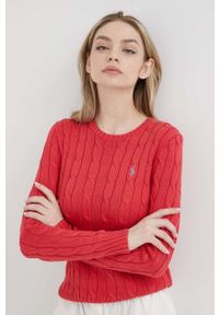 Polo Ralph Lauren sweter bawełniany damski kolor czerwony lekki. Typ kołnierza: polo. Kolor: czerwony. Materiał: bawełna. Długość rękawa: długi rękaw. Długość: długie. Wzór: ze splotem