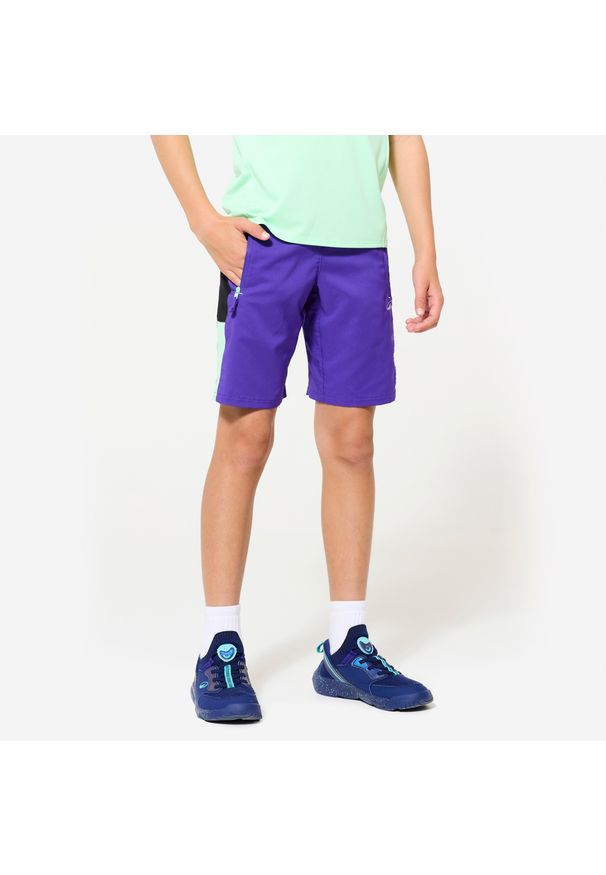 Decathlon - Spodenki sportowe dla dzieci Domyos. Kolor: zielony, czarny, wielokolorowy, fioletowy. Materiał: poliester, materiał. Styl: sportowy. Sport: fitness