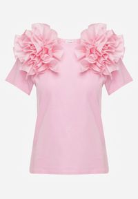 Renee - Różowy T-shirt z Bawełny Ozdobiony Bufiastymi Falbankami Kandrra. Typ kołnierza: kołnierz z falbankami. Kolor: różowy. Materiał: bawełna. Wzór: aplikacja #8