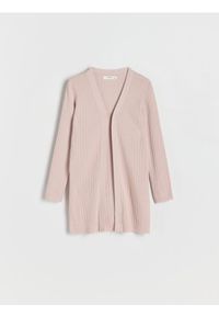 Reserved - Długi kardigan - beżowy. Kolor: beżowy. Materiał: dzianina. Długość: długie. Wzór: prążki #1