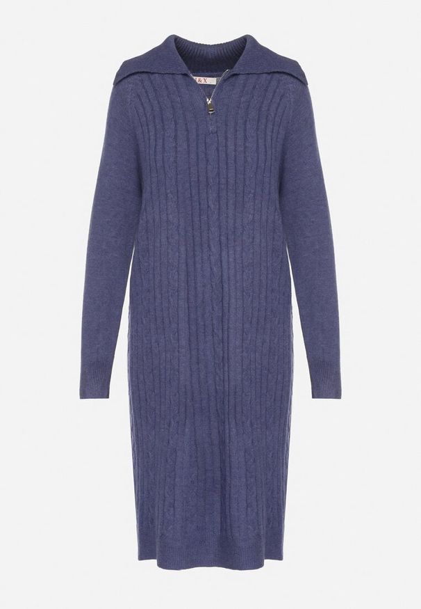 Born2be - Niebieska Sweterkowa Sukienka Pudełkowa z Bawełną i Wełną Ozdobiona Suwakiem Reimia. Okazja: na co dzień. Kolor: niebieski. Materiał: wełna, bawełna. Wzór: aplikacja. Styl: klasyczny, casual