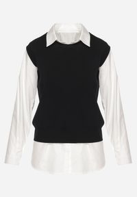 Born2be - Czarna Kamizelka z Prążkowanej Dzianiny z Klasyczną Koszulą Verisande. Okazja: na co dzień. Kolor: czarny. Materiał: dzianina, prążkowany. Styl: klasyczny #5