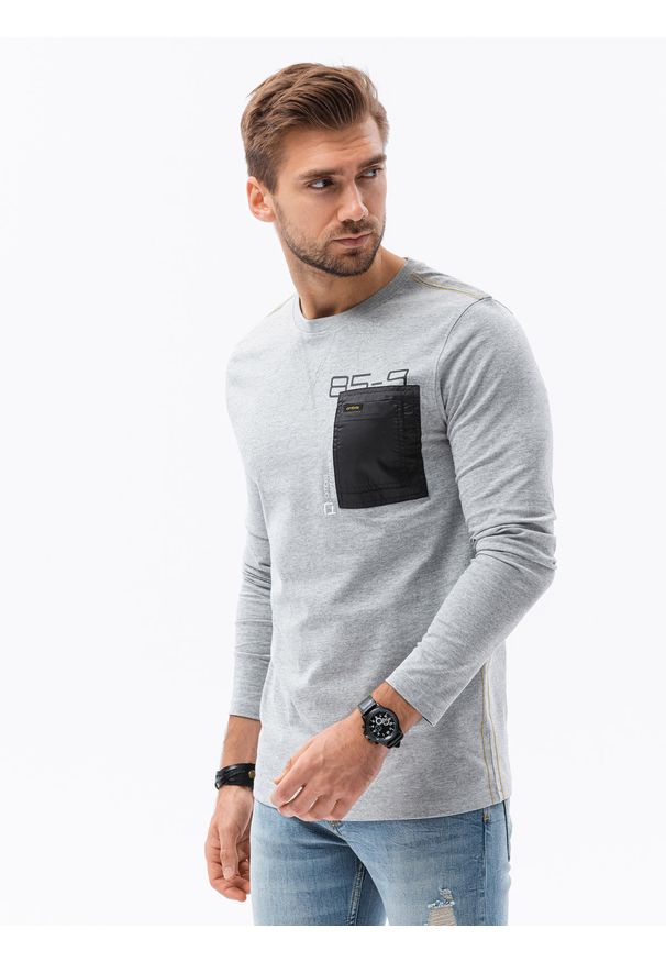 Ombre Clothing - Longsleeve męski z kieszonką - szary melanż V3 - Rozmiar: L. Kolor: szary. Materiał: materiał, bawełna, tkanina. Długość rękawa: długi rękaw. Wzór: melanż, kropki