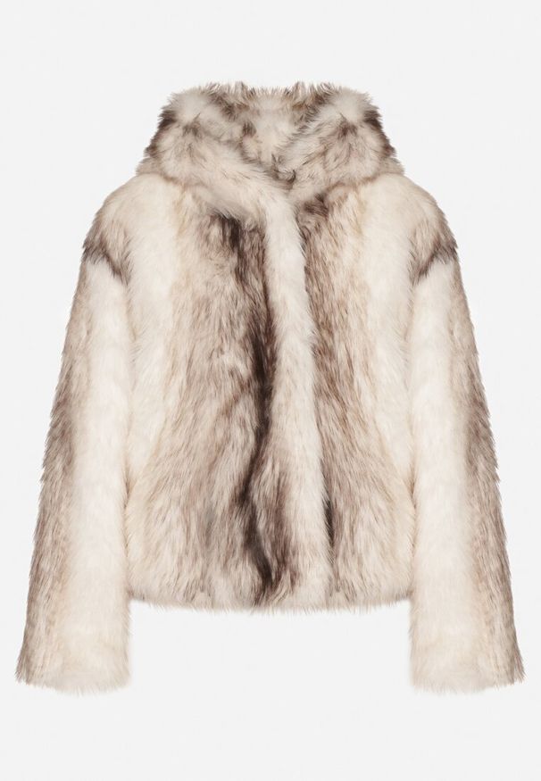 Born2be - Jasnobeżowa Futrzana Kurtka z Nieodpinanym Kapturem Tusarea. Kolor: beżowy. Materiał: futro. Styl: elegancki