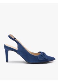 Ryłko - Granatowe czółenka bez pięty slingback z kokardą. Kolor: niebieski. Materiał: skóra, welur. Obcas: na obcasie. Styl: street, elegancki. Wysokość obcasa: średni #1
