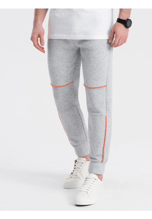 Ombre Clothing - Spodnie męskie dresowe z kontrastowymi przeszyciami - szary melanż V3 - Rozmiar: XL. Kolor: szary. Materiał: dresówka. Wzór: melanż