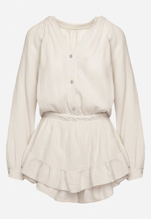 Born2be - Jasnobeżowy Bawełniany Kombinezon z Elastyczną Gumką w Talii i Spódnico-Spodenkami Gleasea. Okazja: na co dzień. Kolor: beżowy. Materiał: bawełna. Styl: casual, elegancki