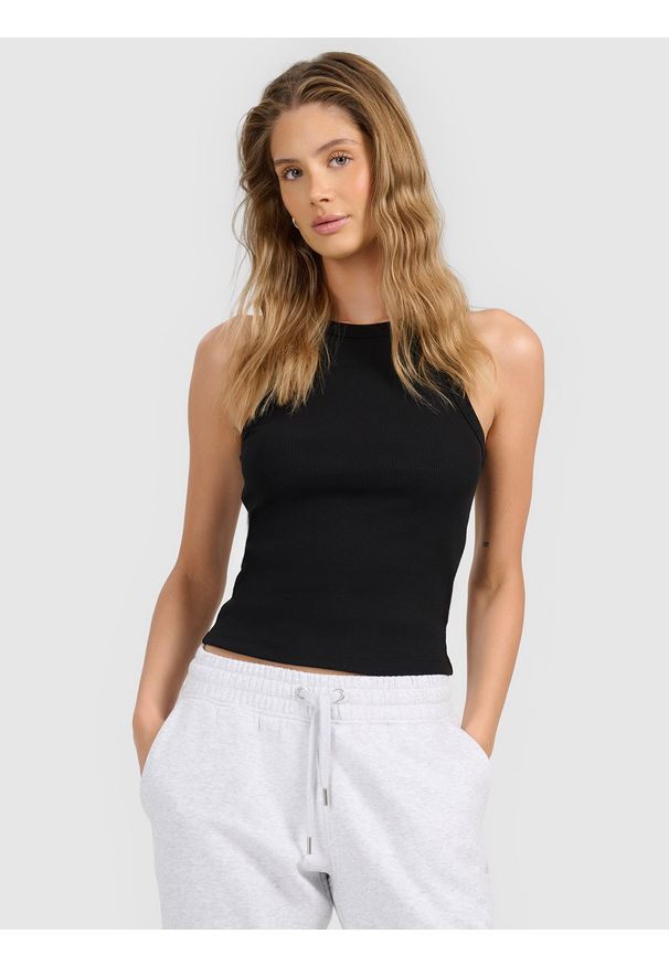 4f - 4F Top slim z prążkowanej dzianiny damski - czarny S. Kolor: czarny. Materiał: prążkowany, dzianina