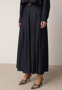 Born2be - Granatowy Bawełniano-Wiskozowy Komplet z Imitacji Jeansu Spódnica z Paskiem i Koszula Peshophi. Kolor: niebieski. Materiał: wiskoza, jeans, bawełna #5