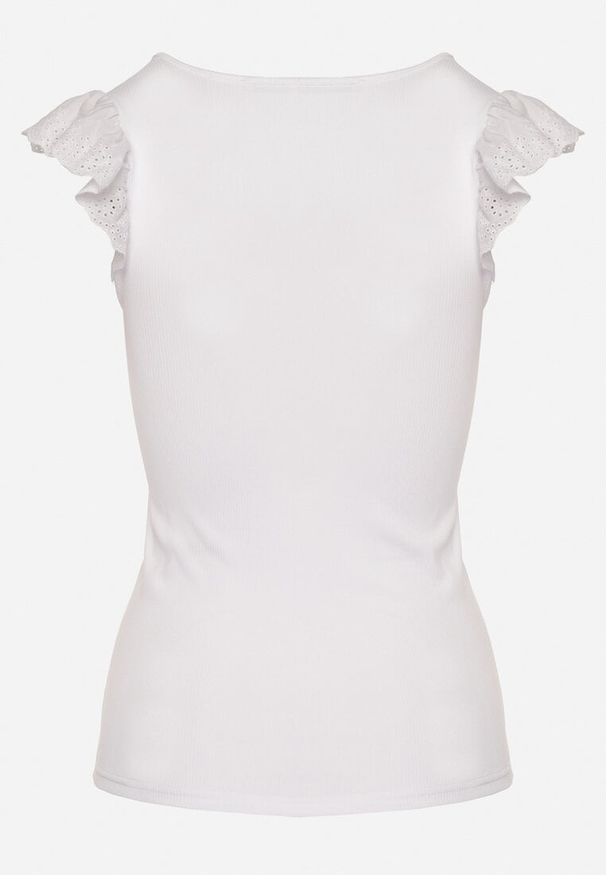 Born2be - Biały Top z Ażurowymi Falbankami Bez Rękawów Sonnelle. Okazja: na co dzień. Typ kołnierza: kołnierz z falbankami. Kolor: biały. Materiał: jeans. Długość rękawa: bez rękawów. Wzór: ażurowy. Styl: klasyczny, elegancki, casual