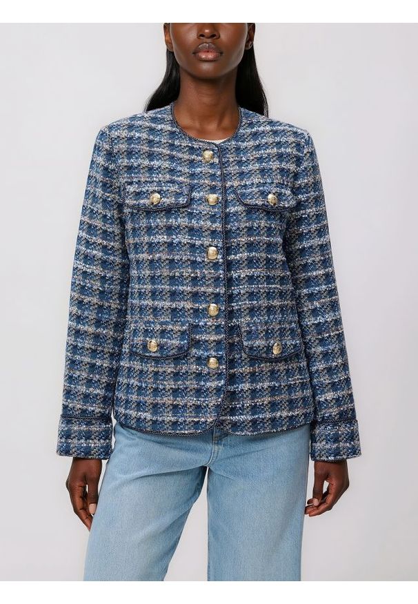 Reserved - Marynarka z ozdobnymi kieszeniami - granatowy. Kolor: niebieski. Materiał: tkanina