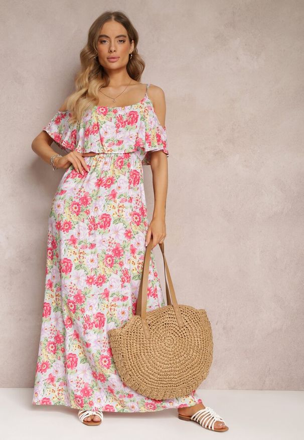 Renee - Biało-Czerwona Sukienka Maxi Bawełniana w Kwiaty z Falbanką Saranna. Kolor: biały. Materiał: bawełna. Długość rękawa: na ramiączkach. Wzór: kwiaty. Długość: maxi