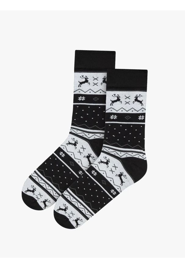 Ryłko - Biało-czarne skarpetki świąteczne unisex z reniferami. Kolor: czarny. Materiał: tkanina. Wzór: geometria