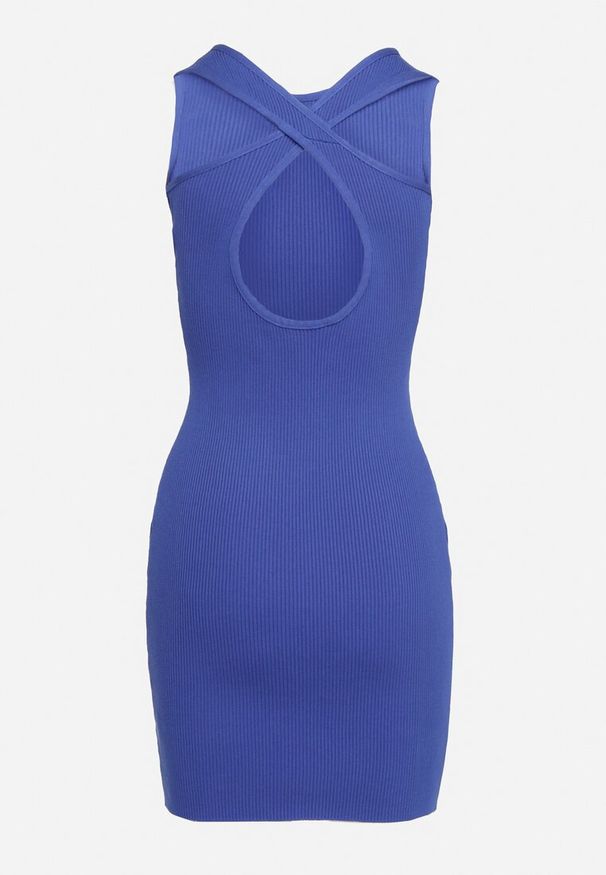 Born2be - Granatowa Mini Sukienka Prążkowana z Krzyżującymi się Ramiączkami na Plecach Banova. Kolor: niebieski. Materiał: prążkowany. Długość rękawa: na ramiączkach. Sezon: lato. Długość: mini