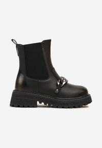Born2be - Czarno-Złote Płaskie Botki Sztyblety z Łańcuchem Serenzia. Okazja: na uczelnię. Kolor: czarny. Materiał: jeans. Styl: elegancki, klasyczny