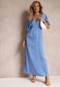 Renee - Niebieska Rozkloszowana Sukienka Maxi w Kropki z Głębokim Dekoltem Sallo. Kolor: niebieski. Wzór: kropki. Długość: maxi #5