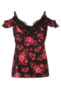 Bluzka z nadrukiem i koronką bonprix czarno-czerwony w kwiaty. Kolor: czarny. Materiał: koronka. Wzór: kwiaty, nadruk, koronka #1