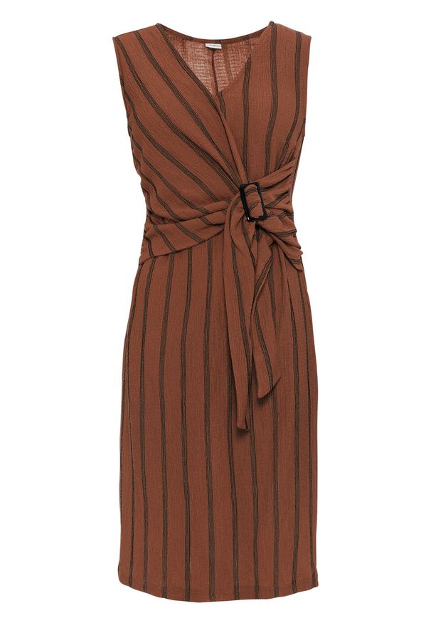 Sukienka z dżerseju bonprix ceglastoczerwony w paski. Kolor: brązowy. Materiał: jersey. Wzór: paski. Typ sukienki: kopertowe