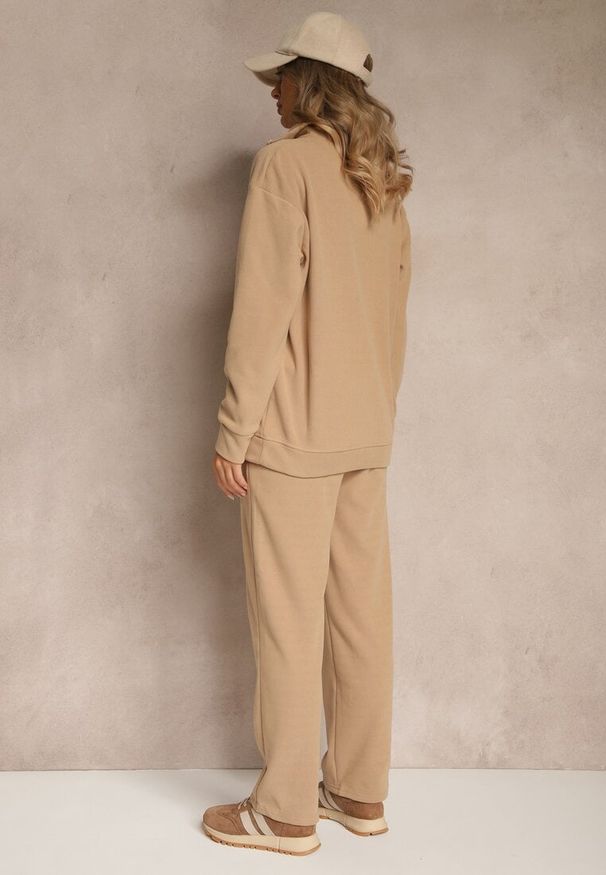 Renee - Ciemnobeżowy Bawełniany Komplet Dresowy z Ociepleniem Spodnie i Bluza z Suwakiem Mistilia. Kolor: beżowy. Materiał: bawełna, dresówka. Sport: turystyka piesza