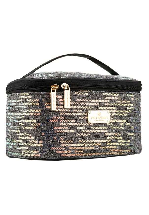 Czarna, podróżna kosmetyczka z tkaniny syntetycznej ozdobiona cekinami - Peterson. Kolor: czarny. Materiał: tkanina, syntetyk. Wzór: aplikacja