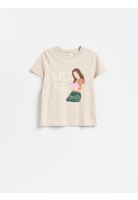 Reserved - T-shirt z nadrukiem - beżowy. Kolor: beżowy. Materiał: bawełna, dzianina. Wzór: nadruk