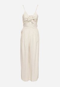 Born2be - Beżowy Kombinezon Bawełniany na Regulowanych Ramiączkach Ozdobiony Wiązaniem Tylida. Okazja: na co dzień. Kolor: beżowy. Materiał: bawełna. Długość rękawa: na ramiączkach. Wzór: aplikacja. Styl: casual, elegancki #3