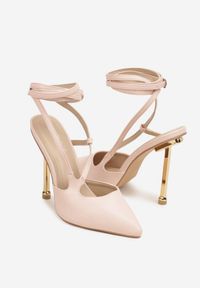 Renee - Różowe Sandały na Szpilce Typu Slingback z Ozdobnymi Paskami Melvenea. Okazja: na co dzień. Zapięcie: pasek. Kolor: różowy. Materiał: jeans. Wzór: paski. Obcas: na szpilce. Styl: elegancki, casual. Wysokość obcasa: średni #6