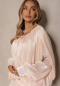 Renee - Beżowa Bufiasta Sukienka Zdobiona Trenem i Wiązaniem z Falbanami Lunoriela. Okazja: na imprezę. Kolor: beżowy. Wzór: aplikacja. Styl: elegancki #3