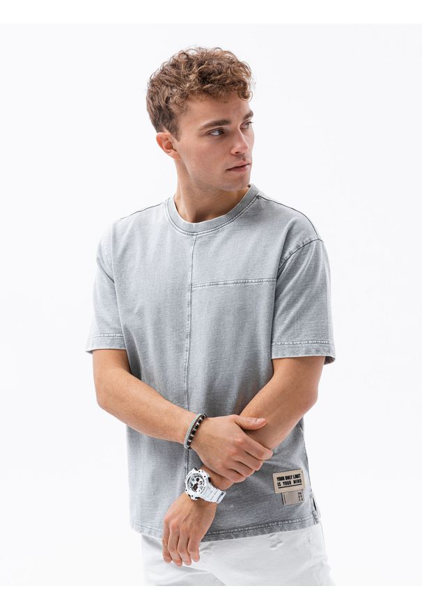Ombre Clothing - T-shirt męski bawełniany S1379 - szary - XXL. Kolor: szary. Materiał: bawełna. Długość: krótkie. Wzór: geometria