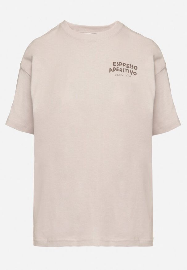 Born2be - Beżowy Bawełniany T-shirt Typu Oversize z Nadrukiem i Napisem Fillana. Okazja: na co dzień. Kolor: beżowy. Materiał: bawełna. Wzór: napisy, nadruk. Styl: casual