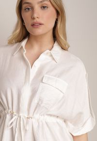 Born2be - Biała Nietoperzowa Koszula Safari z Bawełną z Wiązaniem w Talii Tierona. Okazja: do pracy, na co dzień, na spotkanie biznesowe. Kolor: biały. Materiał: bawełna. Długość: długie. Styl: biznesowy, casual #7