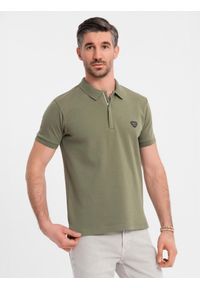 Ombre Clothing - Męska koszulka polo z dekoltem na zamek - oliwkowa V5 - Rozmiar: XXL. Okazja: na co dzień. Typ kołnierza: polo. Kolor: oliwkowy. Materiał: bawełna, elastan, dzianina. Styl: sportowy, casual, elegancki #3